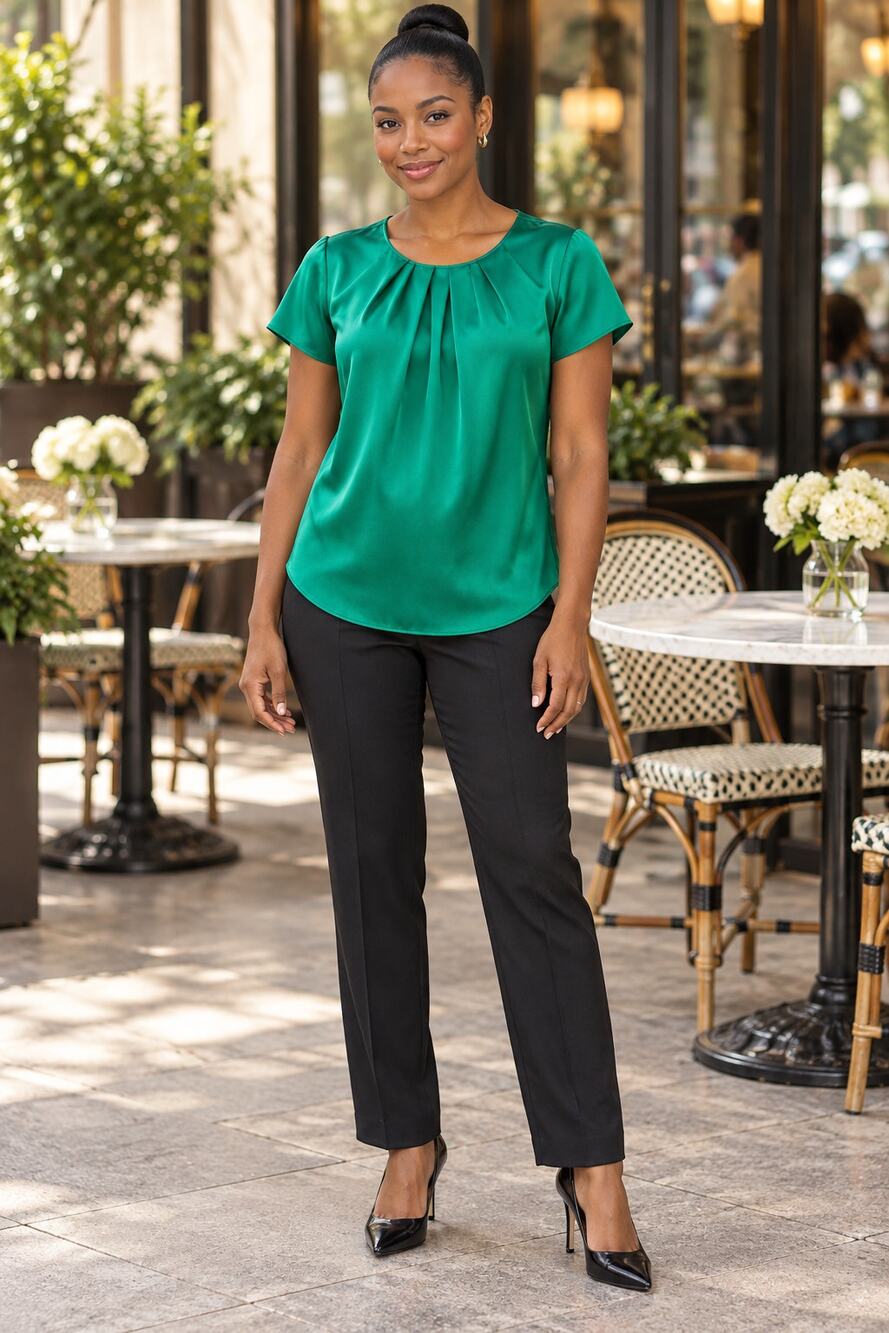 Talbots Emerald Green Silk Blouse 10P Petite Pleated Quiet Luxury Top